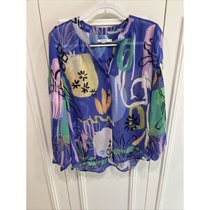 Chico's Colorful Modern Art Sheer Top Size 10 Funky Fun Maximalist Eclectic